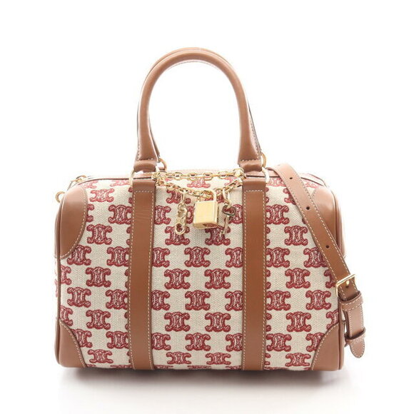 Celine Handbags - Celine Triomphe Handbag Canvas Leather Ivory White Red Brown